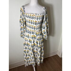 India Collection Yellow and Blue on White Floral Block Print Midi Dress Sz M/L